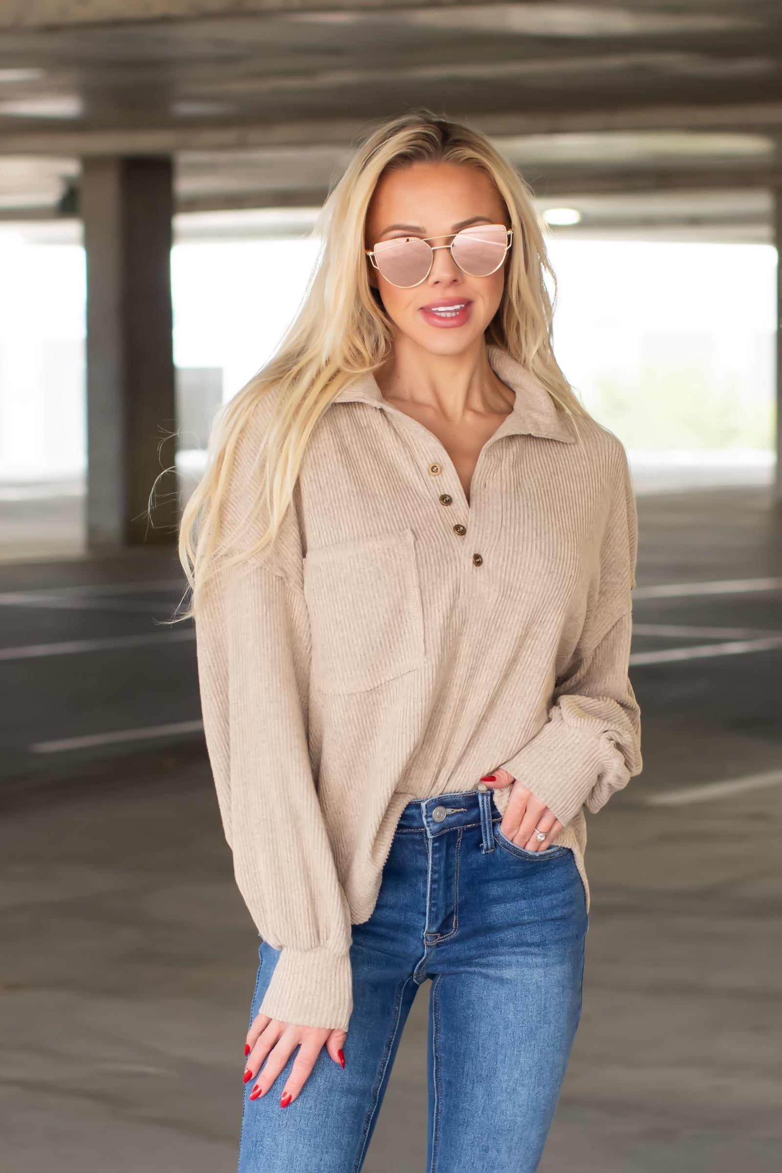 Then Darlin' Let Me Know Henley Sweater - Khaki, Closet Candy, 5