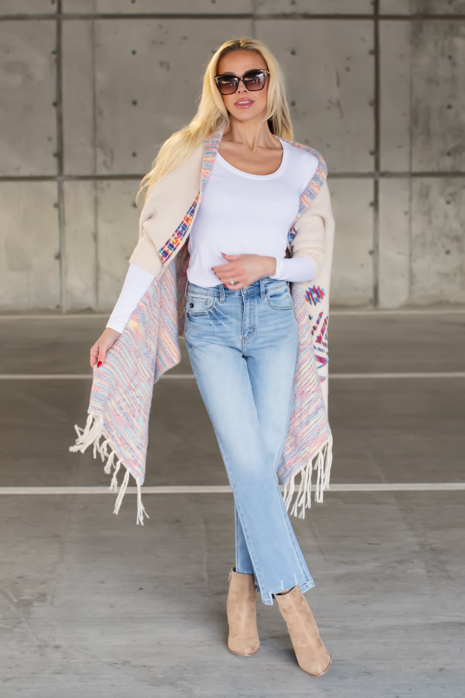 Gotta Get Over Geometric Tassel Shawl - Ivory, Closet Candy, 1