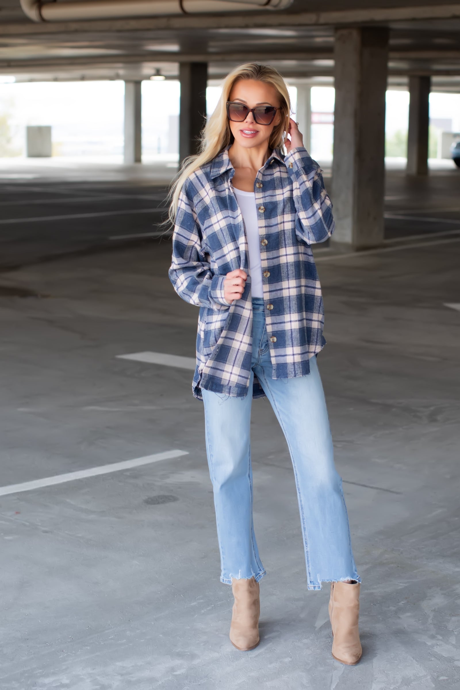 Just A Girl Plaid Shirt - Denim Multi, Closet Candy, 1