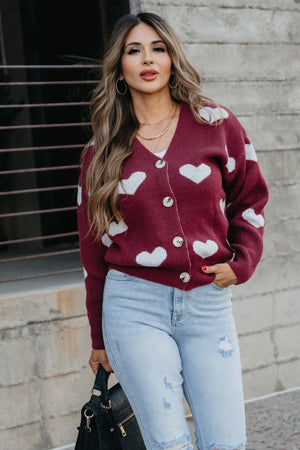 Drawing Hearts 'Round Our Names Cardigan - Burgundy, Closet Candy, 1