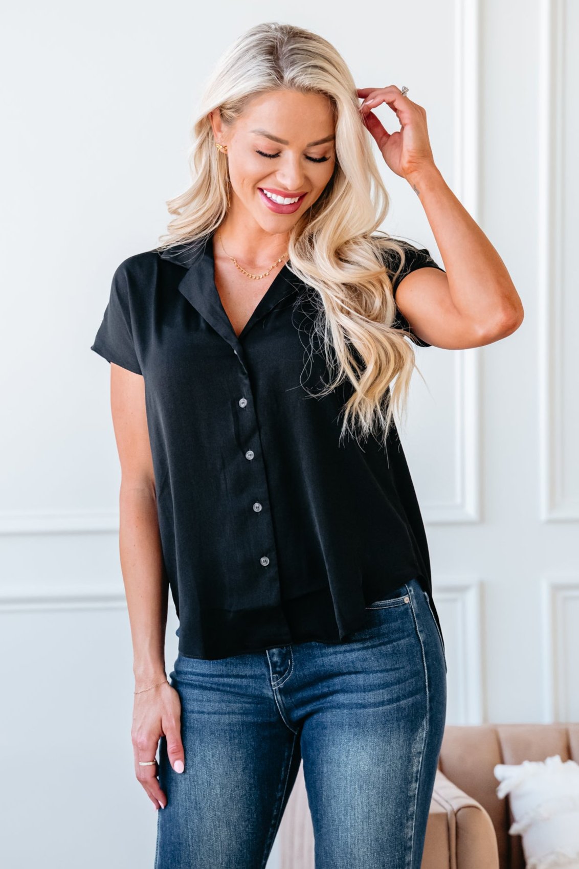 Forever Luxe Satin Shirt- Black, Closet Candy, 1