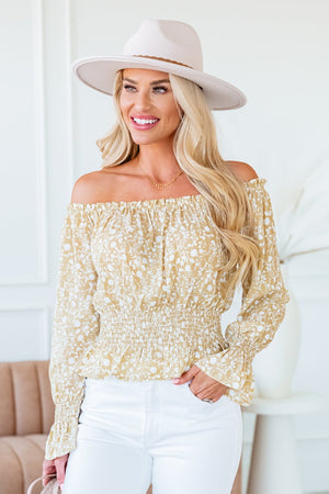 Floral Breeze Off-Shoulder Top - Khaki/Ivory, Closet Candy, 1