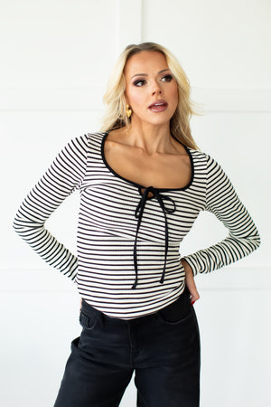 With You Striped Lace-Up Top - White-Black, Closet Candy, 6