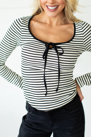 With You Striped Lace-Up Top - White-Black, Closet Candy, 2