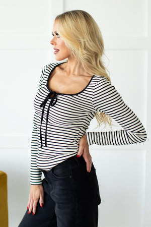 With You Striped Lace-Up Top - White-Black, Closet Candy, 4