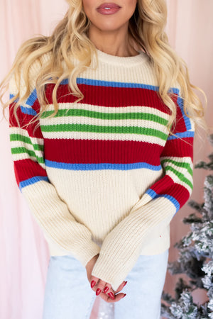 Holly Jolly Striped Sweater - Beige, Closet Candy, 1