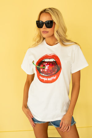 Disco Cherry Lips Graphic Heavy Cotton Tee - White