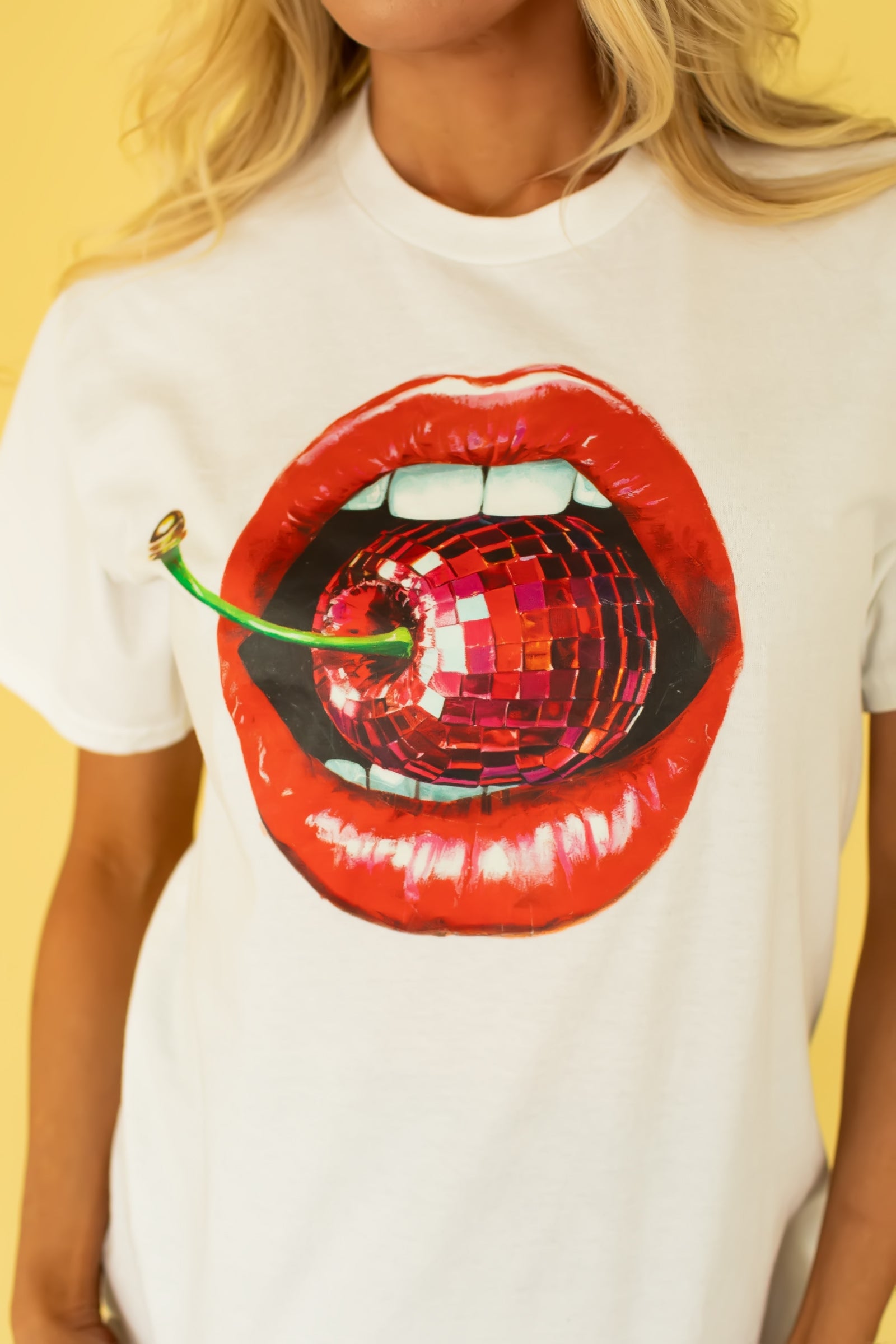 Disco Cherry Lips Graphic Heavy Cotton Tee - White