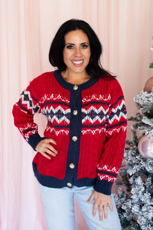 Cheerful Moments Fair Isle Cardigan - Red, Closet Candy, 2