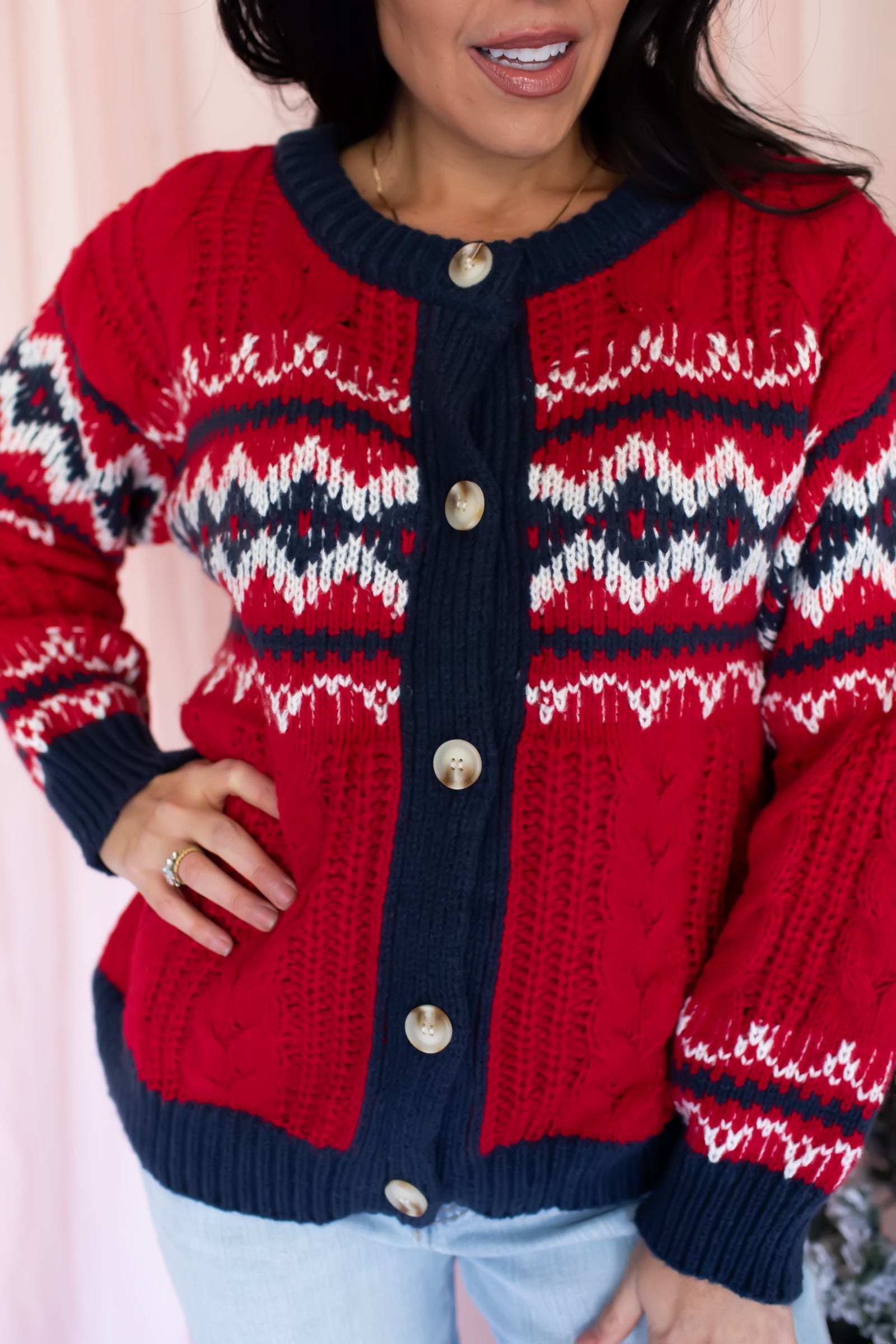 Cheerful Moments Fair Isle Cardigan - Red, Closet Candy, 2