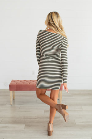 Trying Times Long Sleeve Dress - Ivory-Olive Strip, Closet Candy, 5