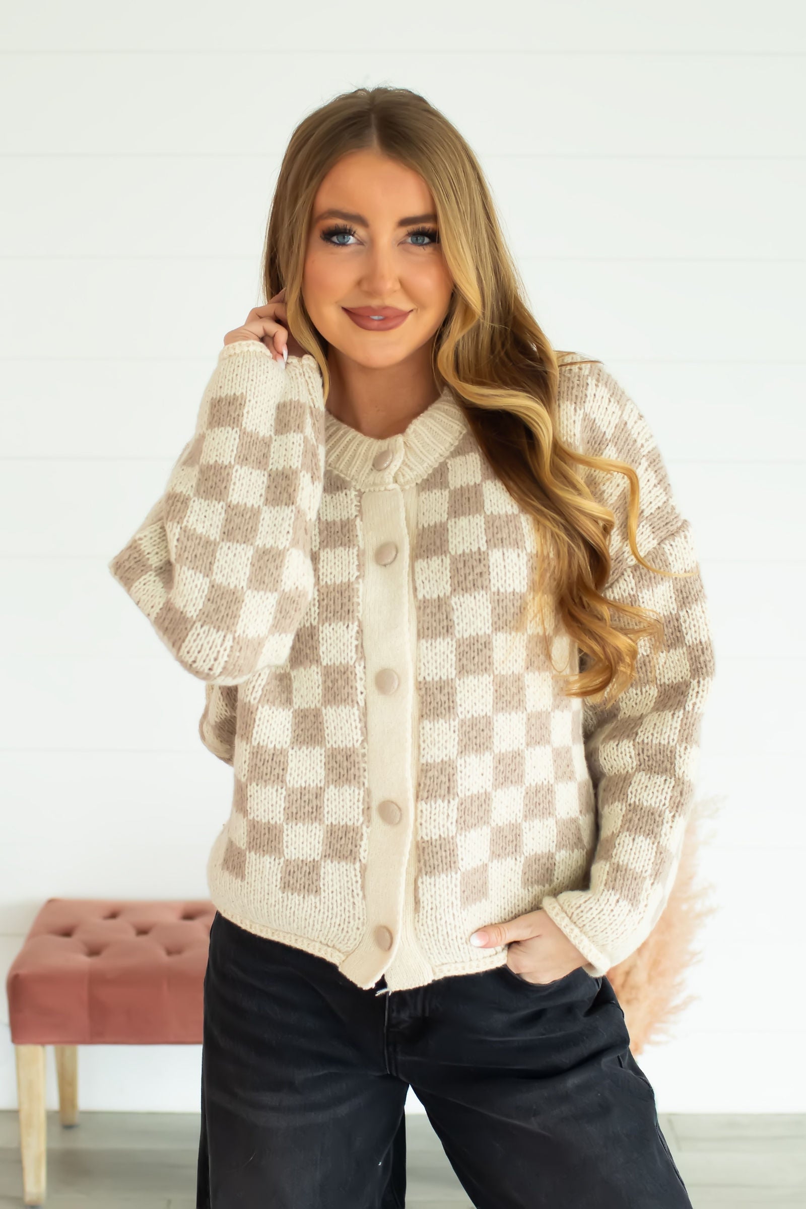 No Matter The Season Checker Cardigan - Khaki, Closet Candy, 1