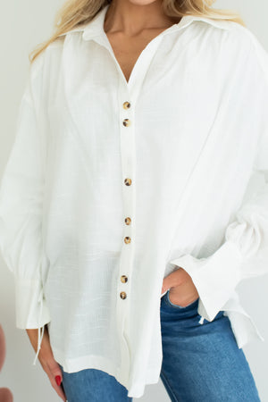 Never Start Button-Down Blouse - White, Closet Candy, 2