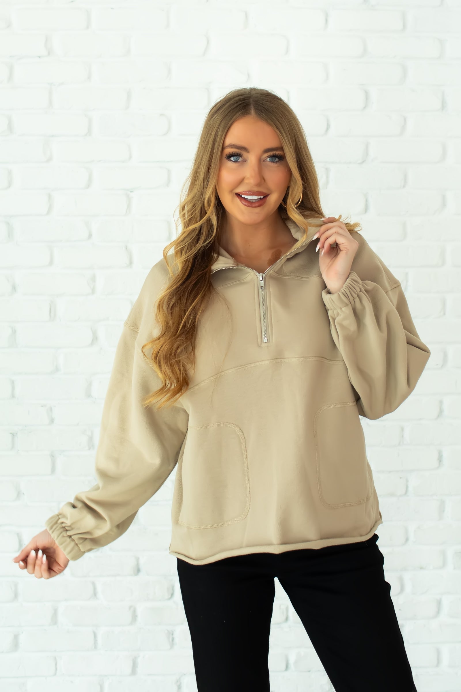 Little Alibi Half-Zip  Sweatshirt - Taupe, Closet Candy, 1