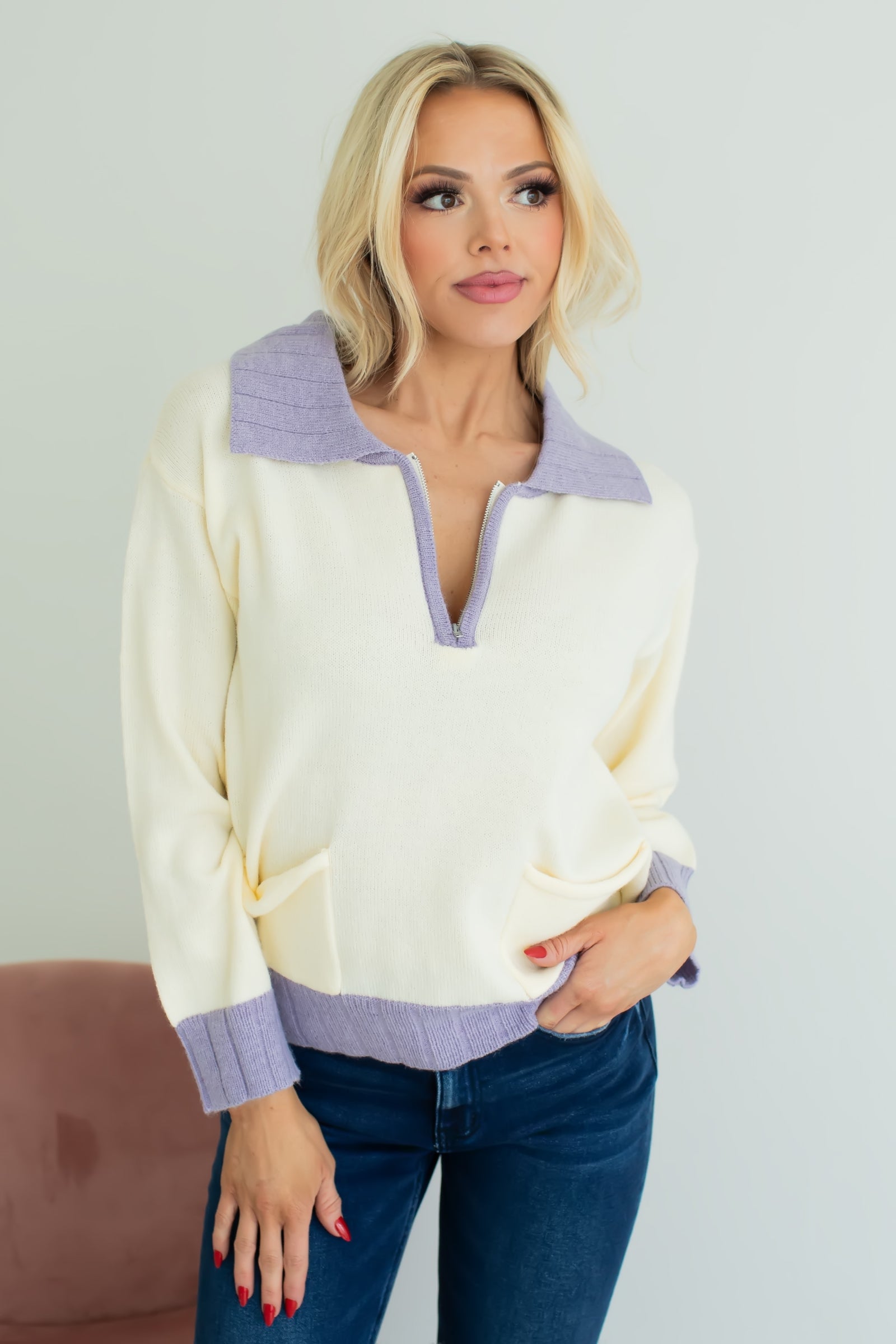 How To Stay Contrast Zip Sweater - Lavender, Closet Candy, 1