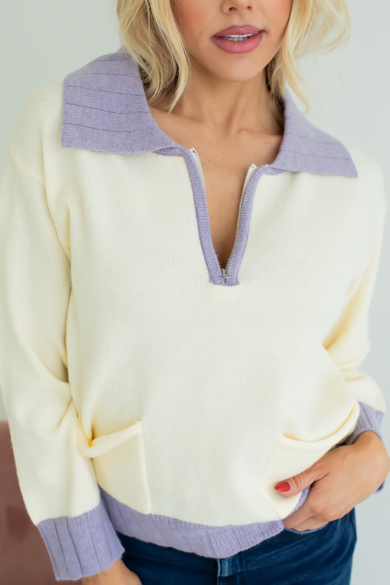 How To Stay Contrast Zip Sweater - Lavender, Closet Candy, 1