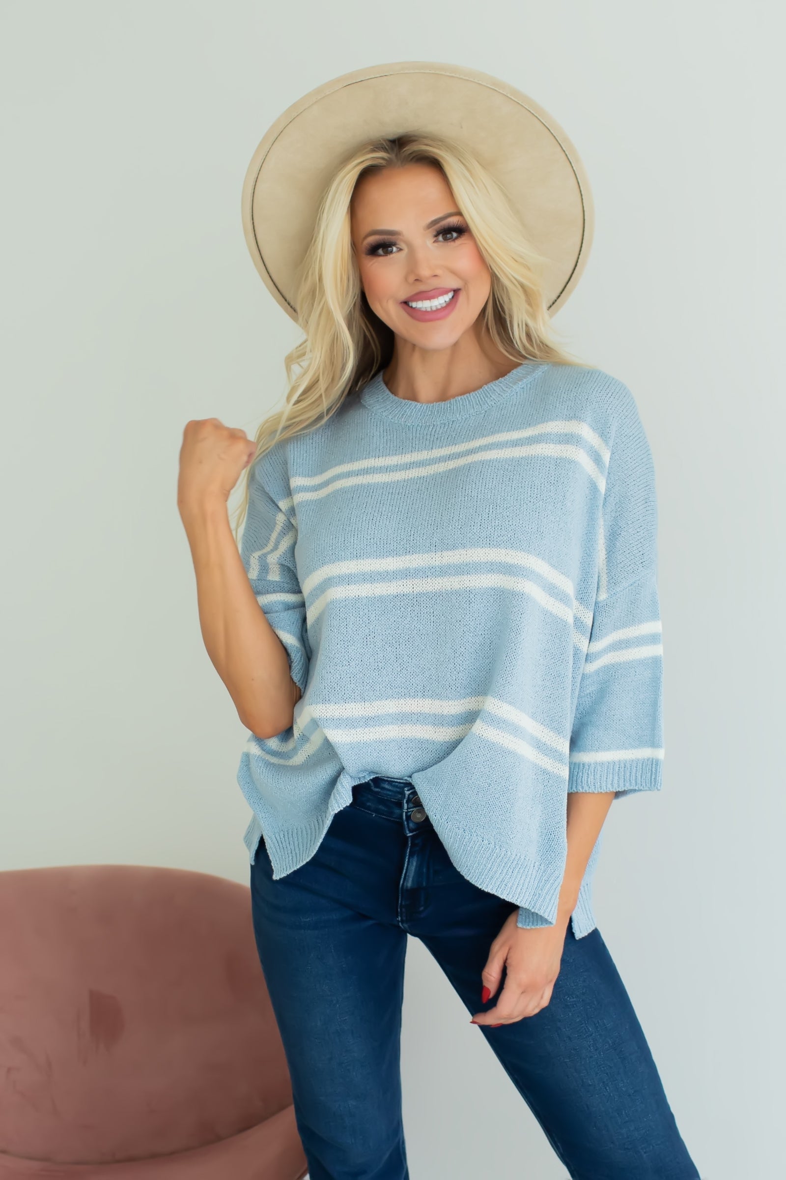 Just When Striped Sweater Top - Slate Blue, Closet Candy, 1