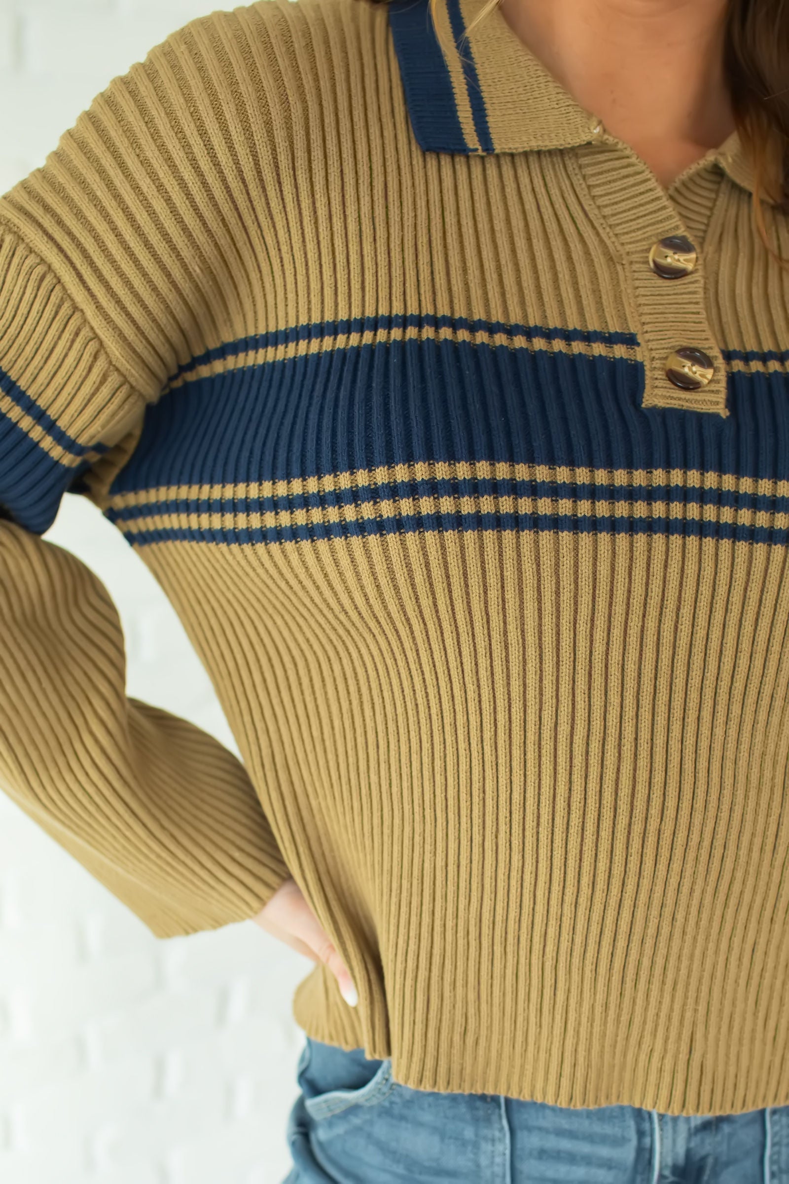 Long Nights Collared Sweater - Coffee/Navy, Closet Candy, 1