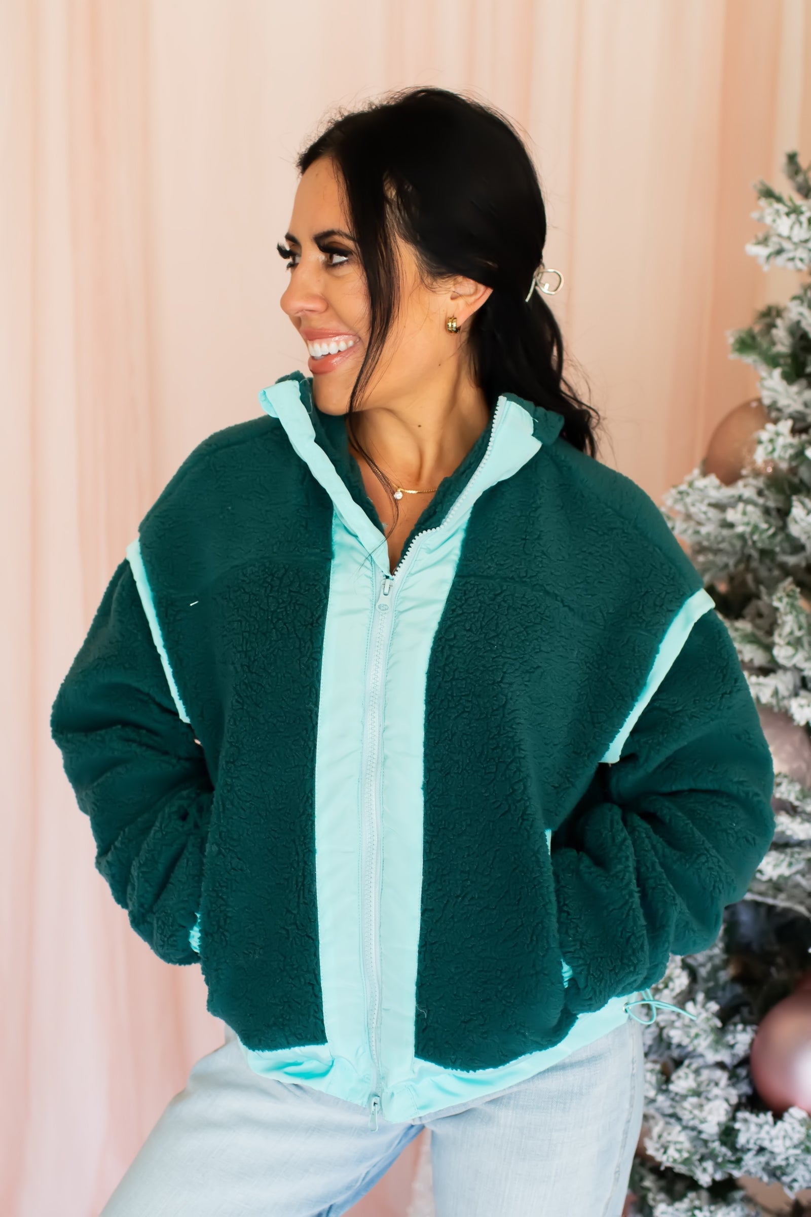 Wrap The Gifts Sherpa Jacket - Jade, Closet Candy, 1