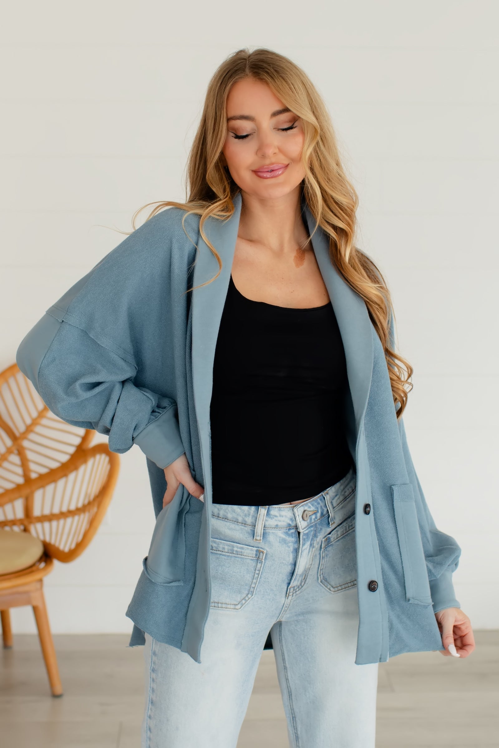 Leaving Soon Or Not Shacket - Light Denim, Closet Candy, 1