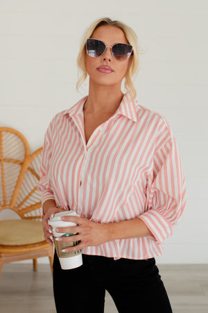 Sweetest Thing Ruffle Shirt - White Coral Stripe, Closet Candy, 5