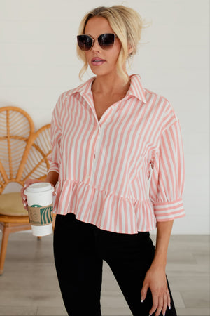 Sweetest Thing Ruffle Shirt - White Coral Stripe, Closet Candy, 1