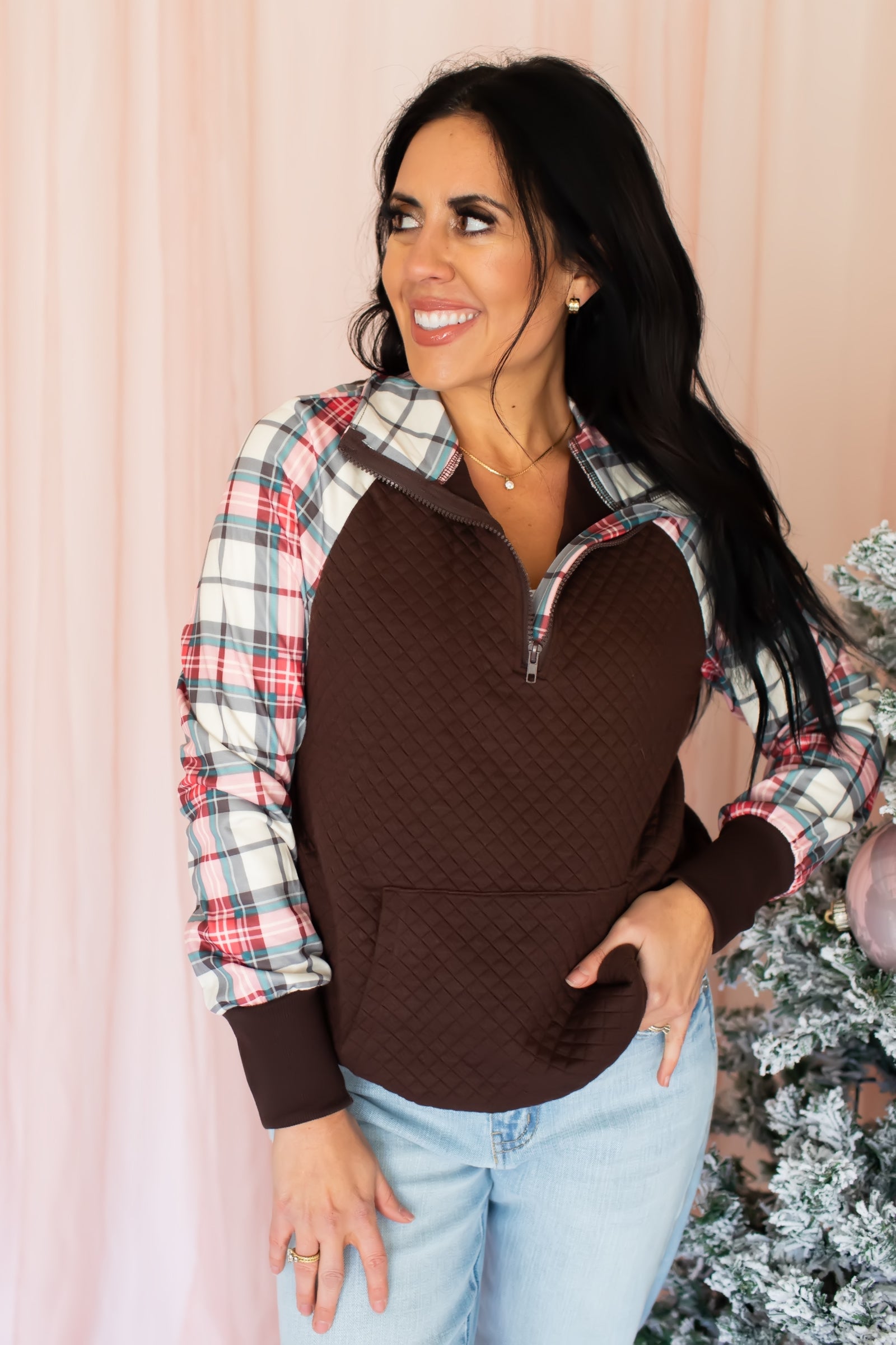 Cozy Cabin Plaid Quarter-Zip Pullover - Brown, Closet Candy, 1