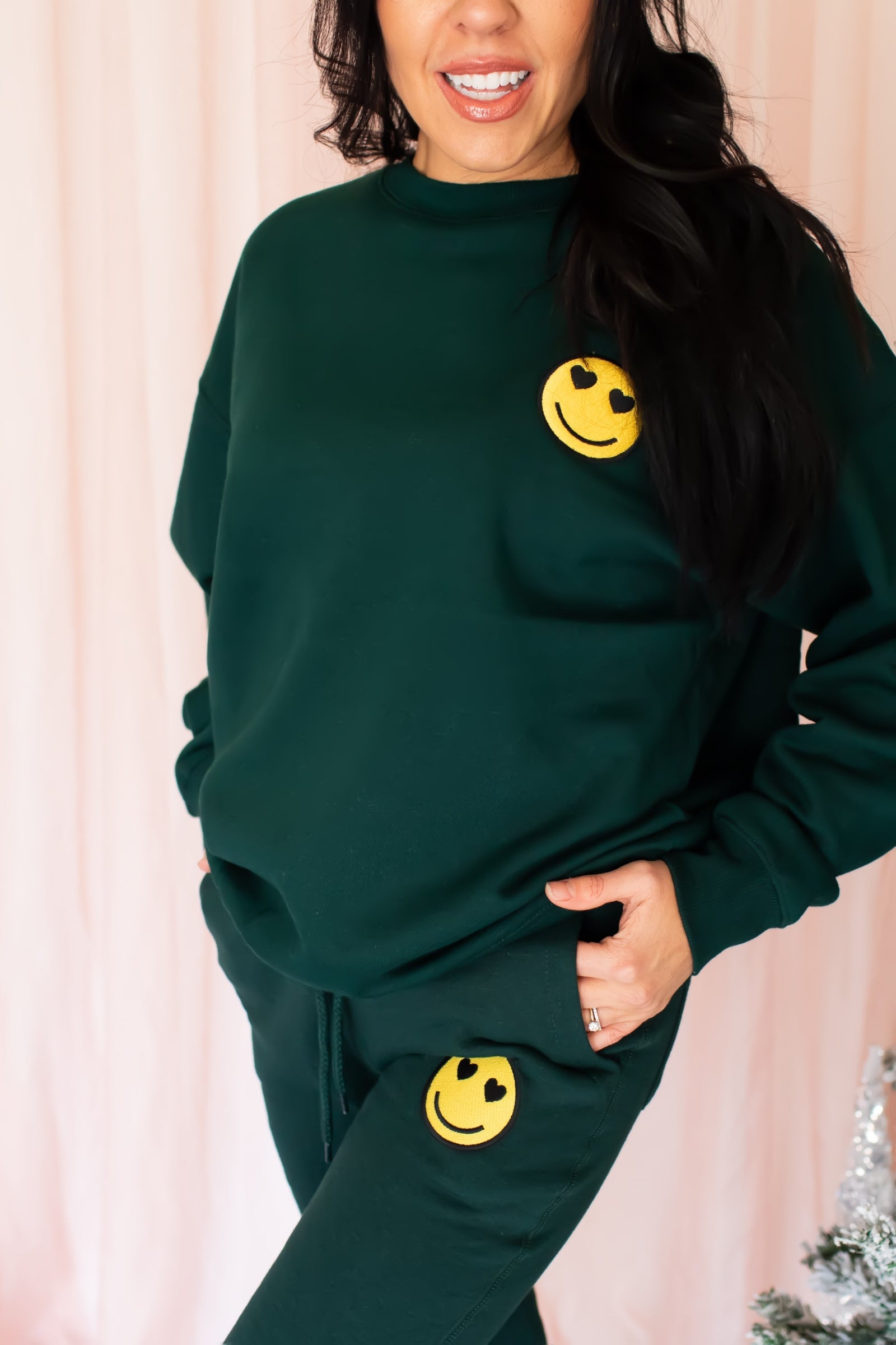 Heart Eyes Smiley Embroidered Sweatshirt - Hunter Green, Closet Candy, 1