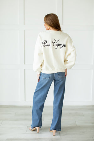 Cozy "Bon Voyage" Graphic Sweatshirt - Cream, Closet Candy, 6