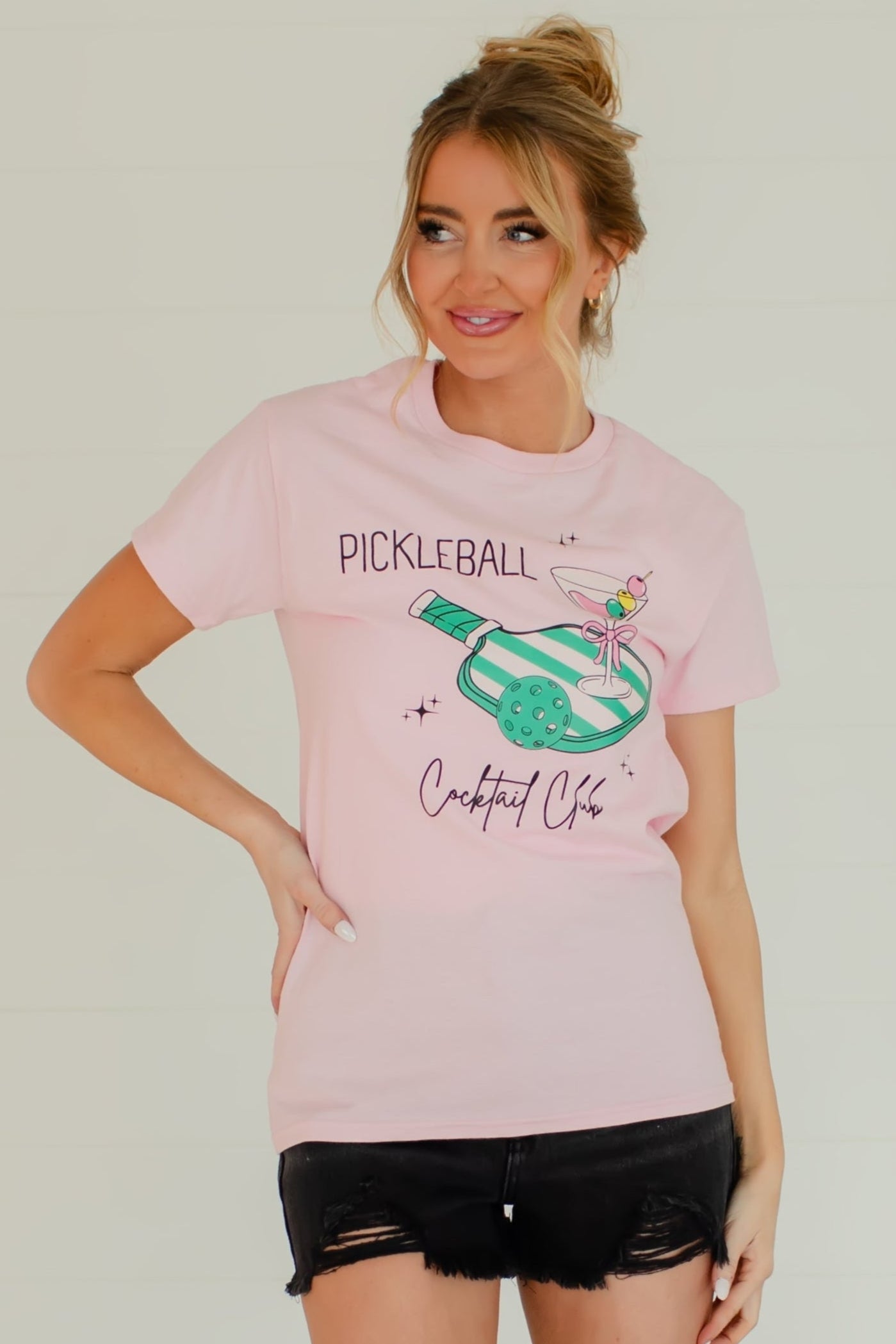 Pickleball & Cocktails Graphic Tee - Light Pink, Closet Candy, 1