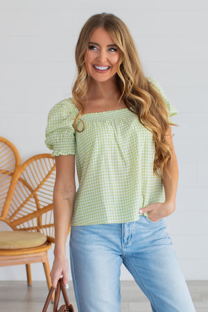 Sweet As Ever Smocked Gingham Top - Green, Closet Candy, 1