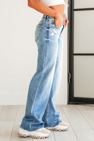 RISEN Mid Rise Wide Leg Jeans- MEDIUM WASH, Closet Candy, 3