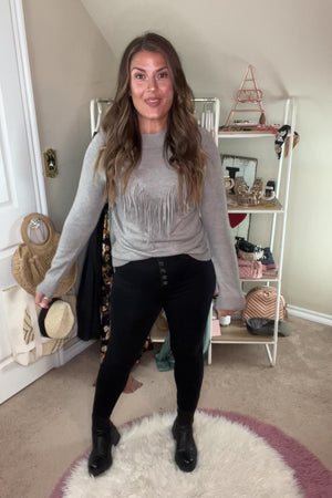 CBRAND Keep Believing Fringe Sweater - Grey fit video