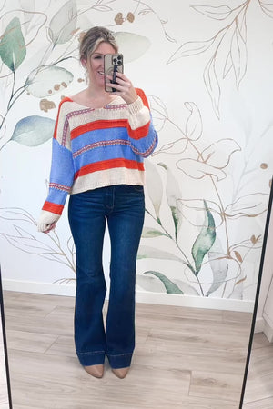 Canyon Skies Scoop Sweater - Rust/Oatmeal/Blue, Closet Candy, Rachel Fit Video