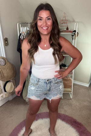 LET'S GO GIRLS RHINESTONE DENIM SHORTS - Closet Candy Nikki B fit video