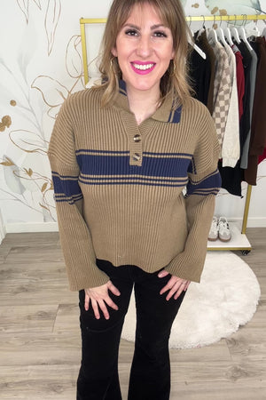 Long Nights Collared Sweater - Coffee/Navy, Closet Candy, Rachel Fit Video