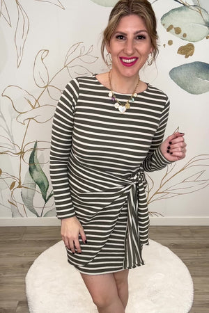 Trying Times Long Sleeve Dress - Ivory-Olive Strip, Closet Candy, Rachel Fit Video