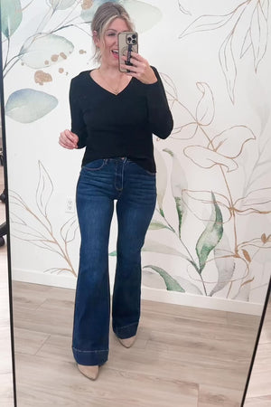 RISEN Lena Tummy Control High Rise Flare Jeans - Dark Wash, Closet Candy, Rachel Fit Video