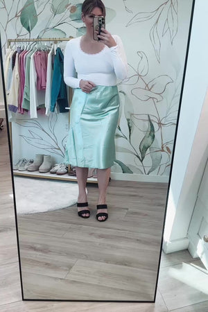 Head Still Satin Midi Skirt - Ice Mint, Closet Candy, Rachel Fit Video