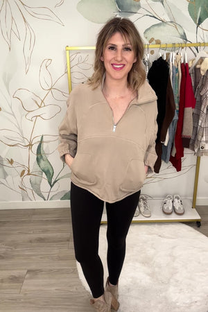 Little Alibi Half-Zip  Sweatshirt - Taupe, Closet Candy, Rachel Fit Video