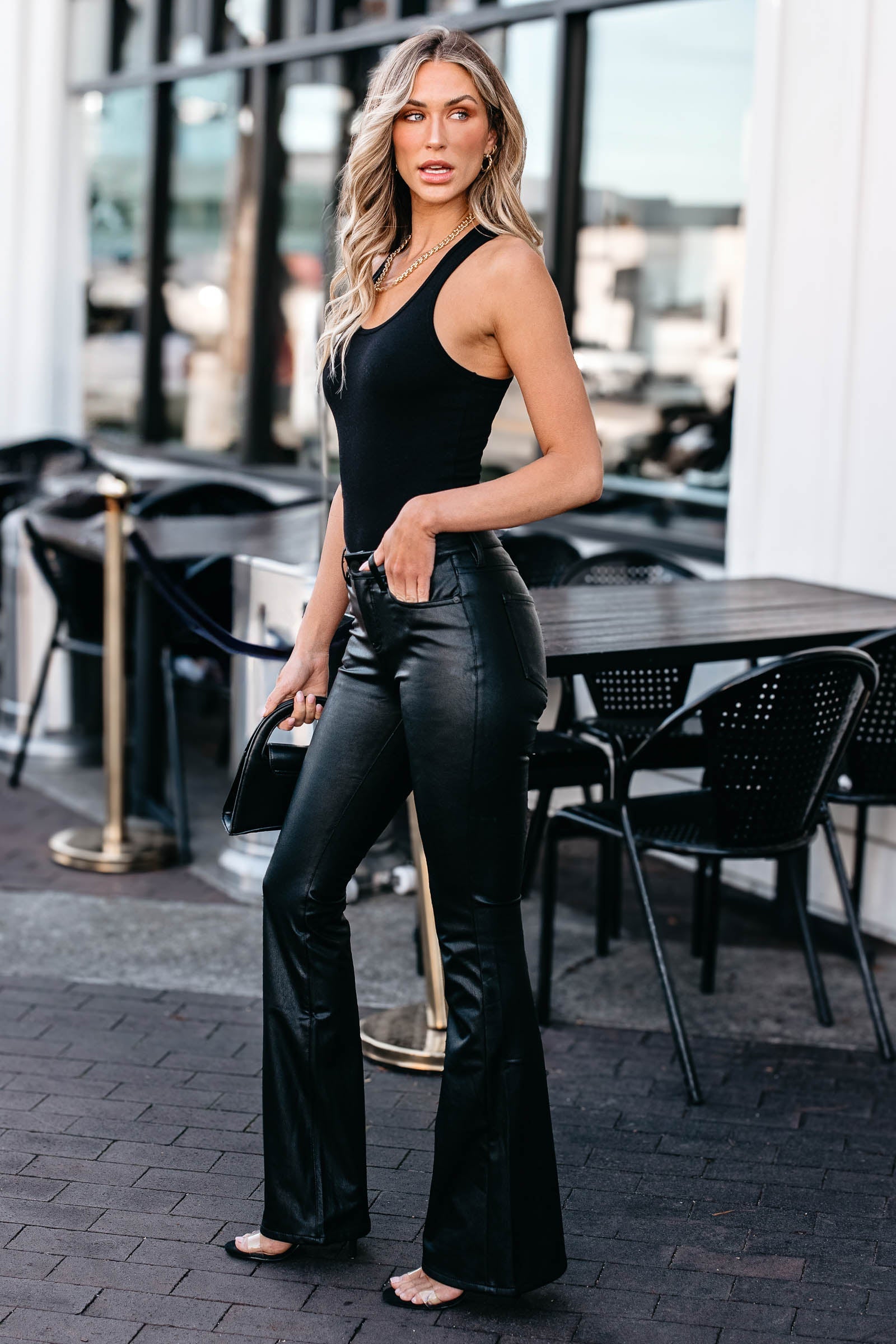 Black Leather Pants Flare Trousers