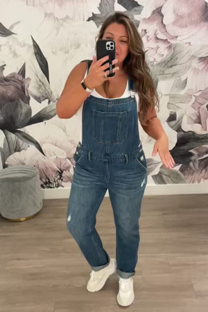 RISEN Valentina Distressed Overalls - Dark Wash Melissa Fit video