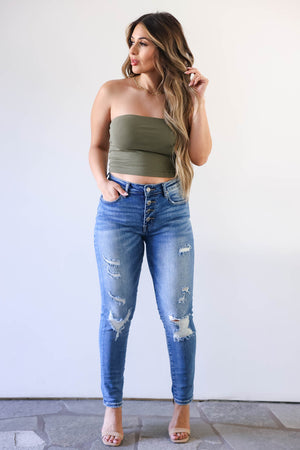  Like Magic Basic Strapless Crop Tops closet candy womens trendy basic solid strapless tube top olive front 5