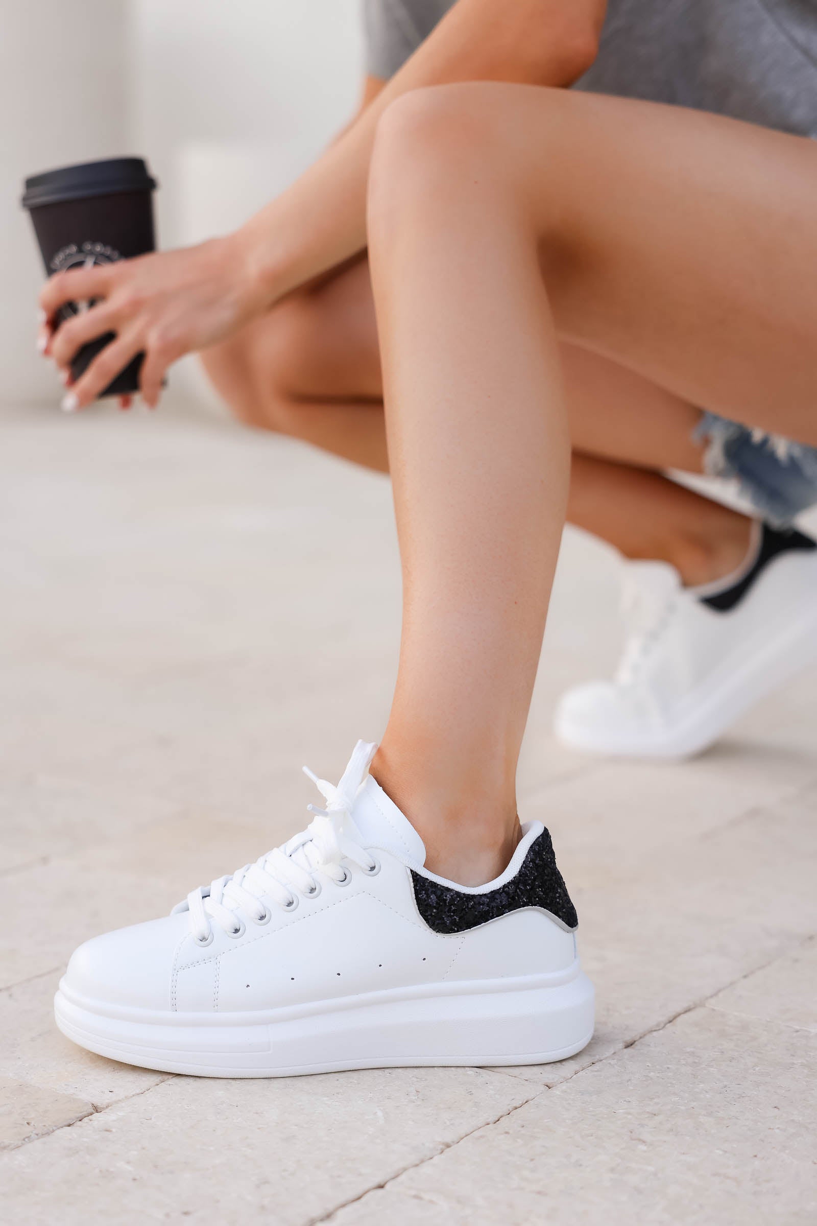 A Little Extra Sneakers - White Black closet candy womens platform tennis shoe with glitter detail 1