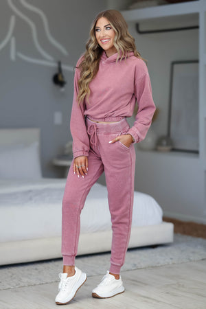 Work From Home Loungewear - Vintage Mauve closet candy womens trendy long sleeve cropped banded sleeves and hem hoodie and matching elastic waist drawstring banded hem joggers with side pockets side