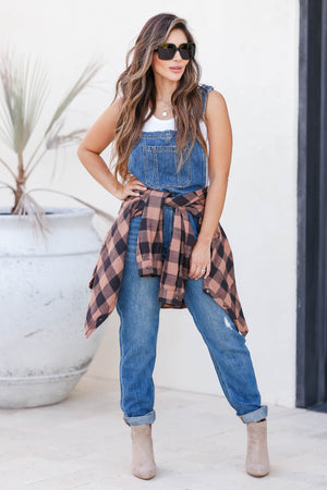 RISEN Valentina Distressed Overalls - Dark Wash closet candy womens trendy distressed denim racerback overall jeans front 3