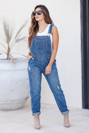 RISEN Valentina Distressed Overalls - Dark Wash closet candy womens trendy distressed denim racerback overall jeans front 4