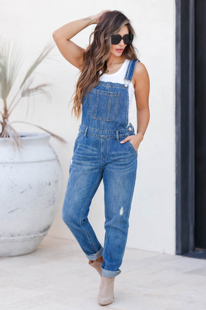 RISEN Valentina Distressed Overalls - Dark Wash closet candy womens trendy distressed denim racerback overall jeans front 2