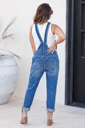 RISEN Valentina Distressed Overalls - Dark Wash closet candy womens trendy distressed denim racerback overall jeans back