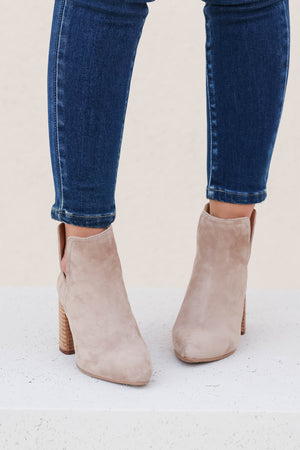 STEVE MADDEN Thrived Bootie - Taupe Suede closet candy women's trendy v-cut top line pointy toe back zipper stacked block heel suede booties 4